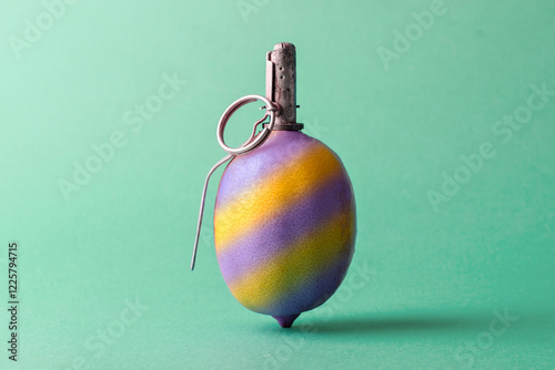 A lemon designed as a grenade with a metal detonator and ring, painted in yellow and purple stripes, on a green background. A conceptual image of risk, surprise, and creative thinking. photo