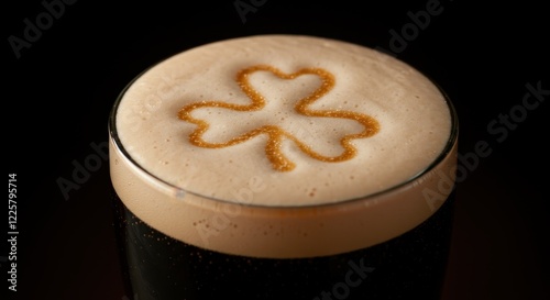 Dark beer with shamrock design on foam in glass