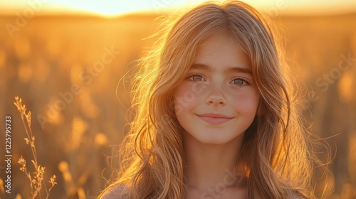 A young girl stands in a sunlit field, her wavy hair catching the warm glow of the golden hour. She smiles gently, embodying tranquility and joy in the beautiful landscape around her.