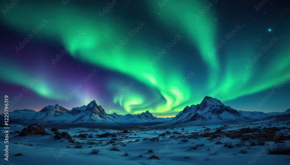 Naklejka premium Majestic northern lights over snowy mountain landscape at night
