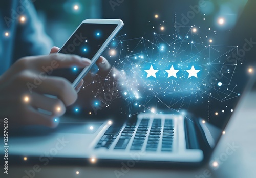 A captivating photo showing a user holding a smartphone to rate three stars while using a laptop, symbolizing feedback, user interaction, and the importance of digital communication in the modern age photo