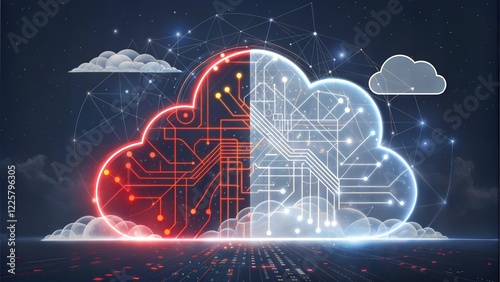 Futuristic Digital Cloud with Circuits and Glowing Data Streams on a Dark Background