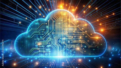 Futuristic Digital Cloud with Circuits and Glowing Data Streams on a Dark Background