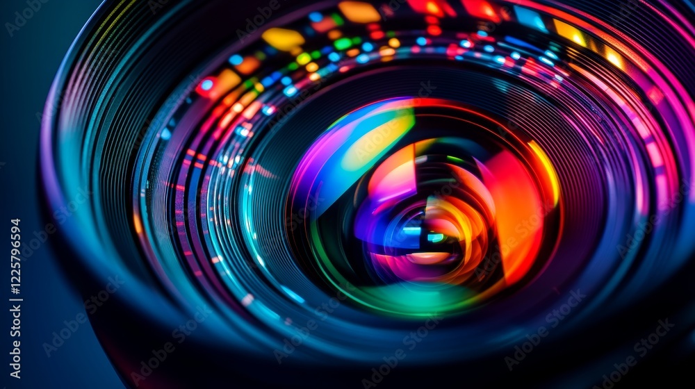Close up Beautiful camera lens with multi colored light Background pattern for design Close up Beautiful camera lens with multi colored light Background pattern for design