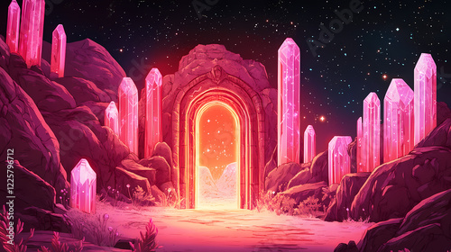 Ancient temple entrance carved into luminous crystal cliffs mysterious energy tendrils float from doorway with starry cosmic expanse visible beyond the threshold. Enchanted Cliffs. Illustration photo