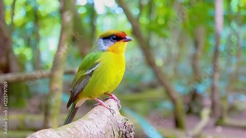 Beautiful American Goldfinch bird perched on a branch singing.