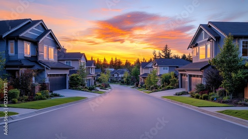 Cul de sac classic dead end street surrounded by luxury two story single family homes in a new residential East Coast USA real estate development neighborhood with dramatic colorful sunset sky