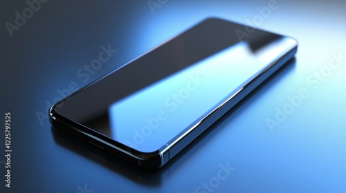 Modern black smart phone lies on a smooth dark blue surface or table in perspective view. Realistic vector illustration isometric smartphone. New shiny mobile cellphone with reflection on the screen