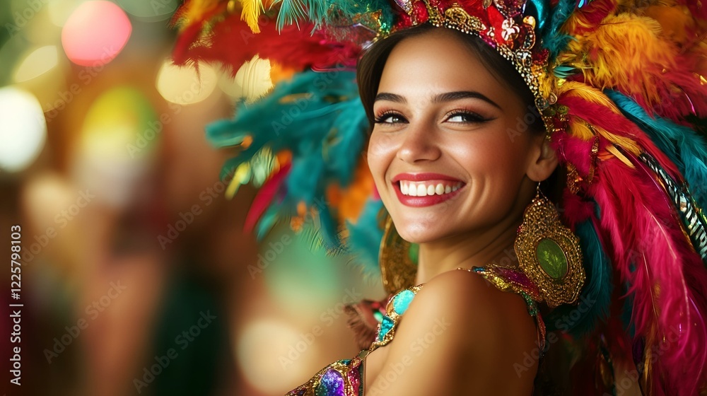 Obraz premium Smiling woman in a vibrant feathered headdress and festive costume celebrating Mardi Gras with joy and excitement