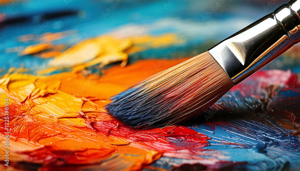 Fototapeta premium Close-up of a paintbrush on a vibrant, textured oil paint palette. Rich colors and visible brushstrokes create a dynamic image perfect for art, creativity, and design projects.