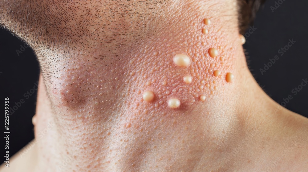 Fototapeta premium Close-up of a skin problem with polyps on the neck of a manPedunculated skin tag or acrochondon or soft fibromaPapilloma bump on male bodyFibroepithelial polyp on stalkBenign epidermis lesion clos