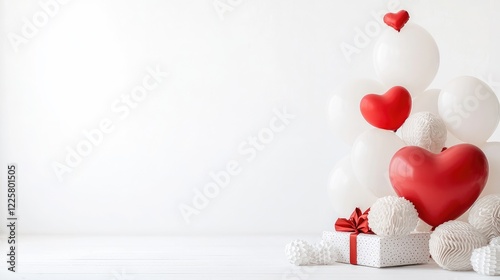 Romantic red and white heart balloons, gift, and decor against a white background; perfect for Valentine's Day greetings or romantic celebrations