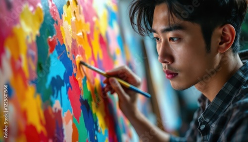 Young asian male artist painting colorful abstract artwork with concentration