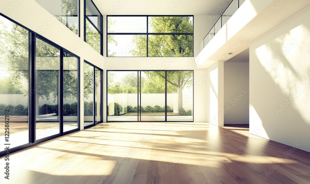 Fototapeta premium Modern Empty House with Large Windows and Sunlight