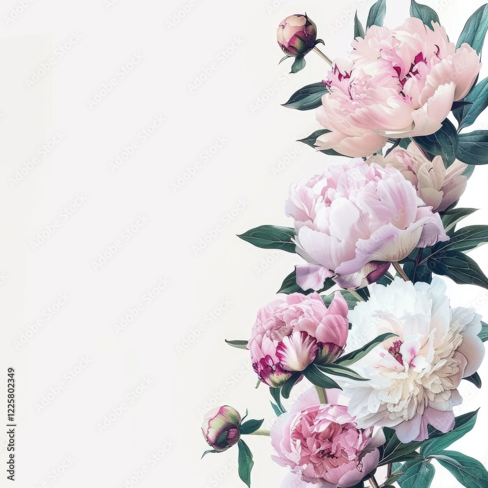 Delicate pink peonies on a white background. Wedding and Women's Day greeting card. Delicate pink peonies on a white background. Wedding and Women's Day greeting card.