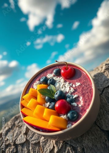 Acai breakfast superfoods smoothie bowl with mango blueberry cherry coconut flakes overhead top view flat lay Super Bowl football game sport ball american superbowl photo