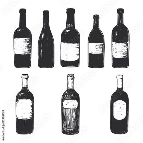 Set of sketch wine bottles rubber stamps