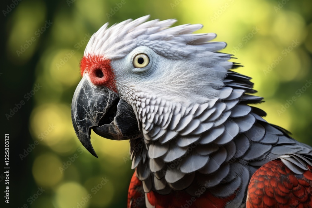 African Gray Parrot: Tropical Bird with Imitation Skills & Red Feathers with White View African Gray Parrot: Tropical Bird with Imitation Skills & Red Feathers with White View