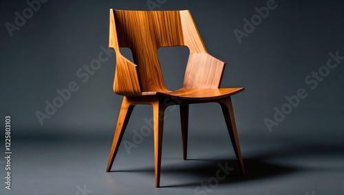 A minimalist wooden chair with a warm, rich tone and angular design. Set against a dark gray background, the chair's sleek contours and craftsmanship radiate elegance and artistry.
