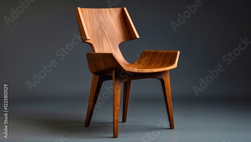 A minimalist wooden chair with a warm, rich tone and angular design. Set against a dark gray background, the chair's sleek contours and craftsmanship radiate elegance and artistry.