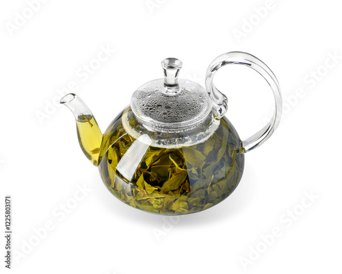 herbal tea in a glass teapot on a white background