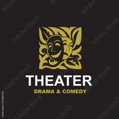 golden icon of comedy and tragedy theatrical masks isolated on black background