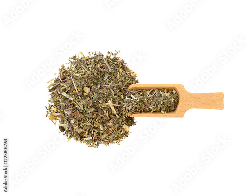 herbal tea in wooden spoon on white background