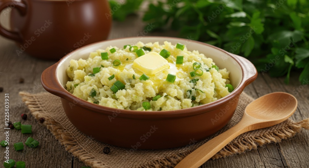 Creamy mashed potatoes with butter and chives in rustic bowl Creamy mashed potatoes with butter and chives in rustic bowl