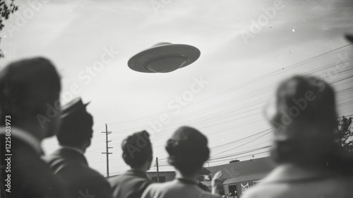 Crowd pointing at unidentified flying object in the sky during 1940s photo