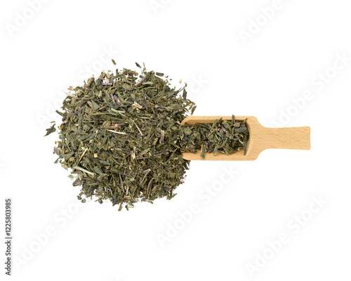 herbal tea in wooden spoon on white background