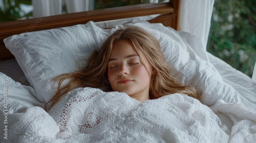 Teen girl sleeping peacefully in bed, natural light, garden view, relaxing bedroom Teen girl sleeping peacefully in bed, natural light, garden view, relaxing bedroom