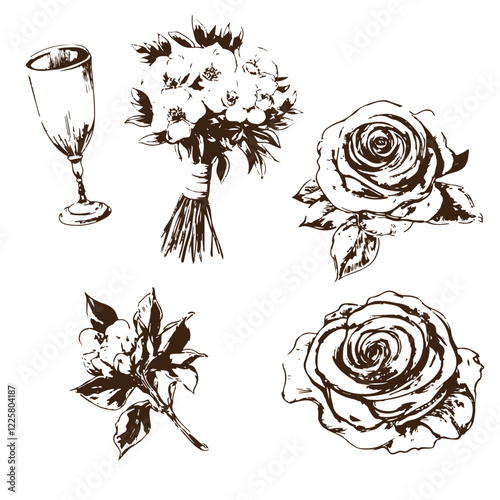 Set of sketch roses rubber stamps
