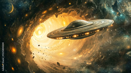Fototapeta Naklejka Na Ścianę i Meble -  Gigantic UFO emerges from wormhole near Jupiter in swirling cosmic vortex with alien energy