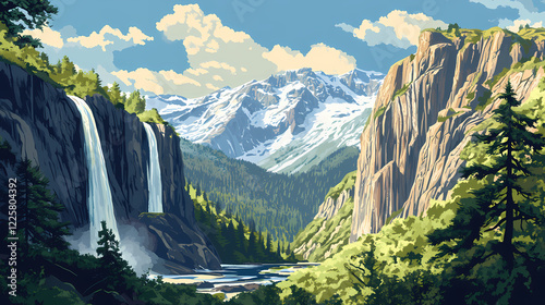 Olympic national park's enchanted valley, where waterfalls cascade from towering cliffs and flow into a lush valley. cascade. illustration. Enchanted Cliffs. Illustration photo