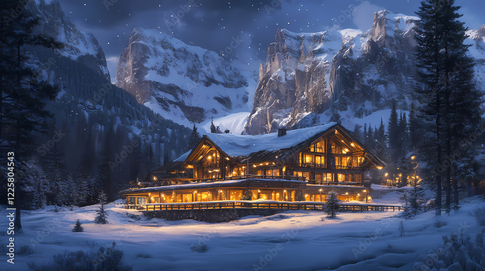 Quiet mountain lodge illuminated by warm lights at dusk, surrounded by freshly fallen snow and dramatic icy cliffs in the background. Enchanted Cliffs. Illustration Quiet mountain lodge illuminated by warm lights at dusk, surrounded by freshly fallen snow and dramatic icy cliffs in the background. Enchanted Cliffs. Illustration