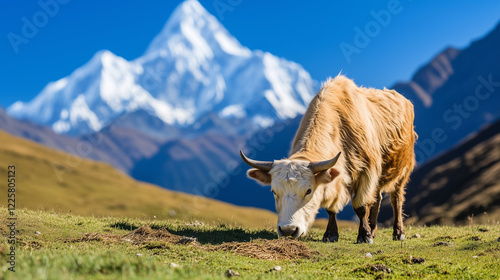 A majestic yak grazing in the rugged hills of Nepal, with snow-capped mountains in the background, capturing the essence of rural life and traditional culture in the Himalayan regi photo