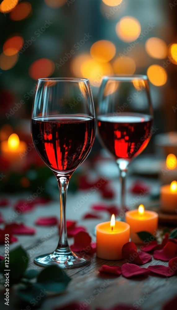 Romantic candlelit dinner setting with wine glasses and rose petals Romantic candlelit dinner setting with wine glasses and rose petals