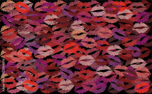 Seamless pattern of pink, red, beige and purple lips kissing prints. Vector pattern with colorful lips. Dark background of kiss pattern. For print, fabric, invitation, brochure, postcard. Background b