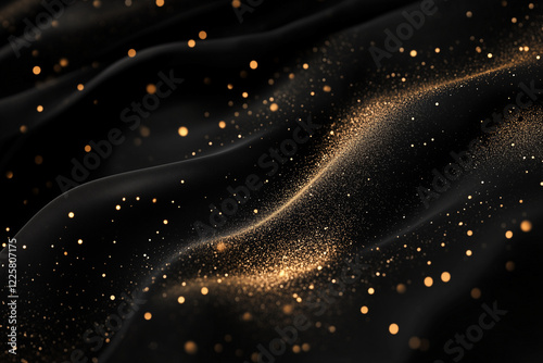 Sparkling golden glitter on black fabric waves