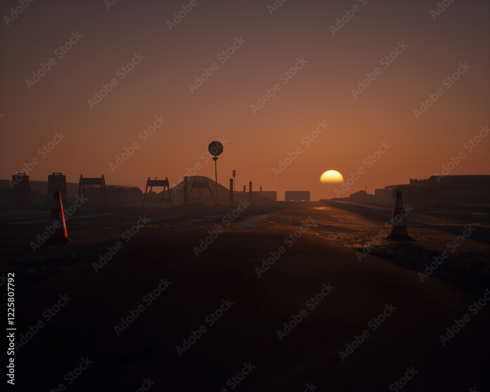 Roadside construction area during sunset with clear sky. 3D render.