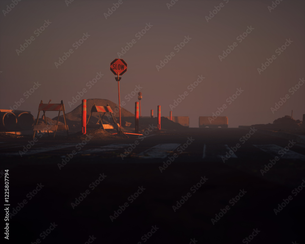Roadside construction area during sunset with clear sky. 3D render.