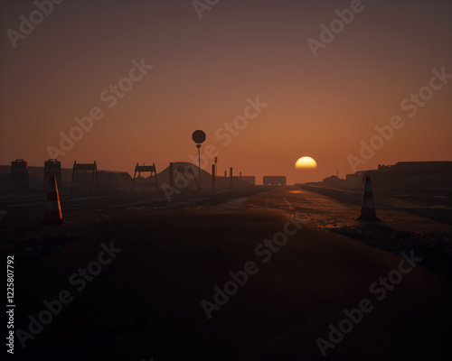 Obraz na płótnie Roadside construction area during sunset with clear sky. 3D render. w salonie