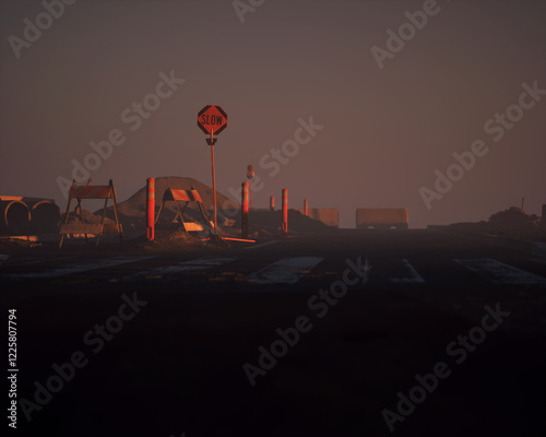 Obraz na płótnie Roadside construction area during sunset with clear sky. 3D render. w salonie