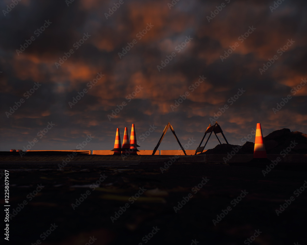 Roadside construction area during sunset with a cloudy sky. 3D render.