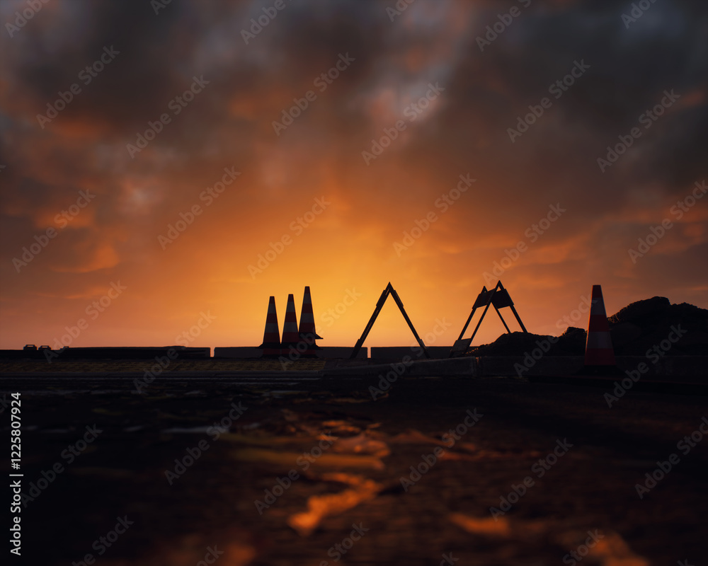 Roadside construction area during sunset with a cloudy sky. 3D render.