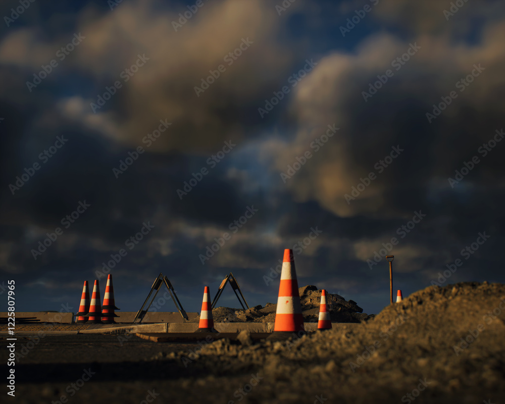 Roadside construction area during sunset with a cloudy sky. 3D render.