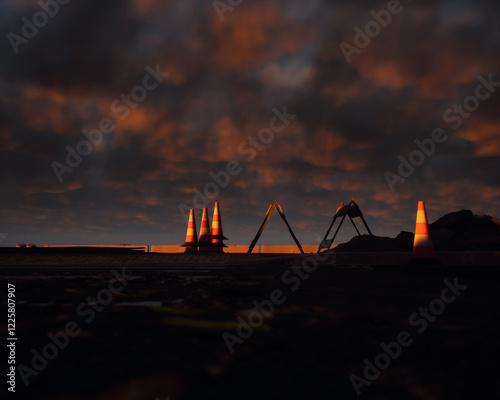 Obraz na płótnie Roadside construction area during sunset with a cloudy sky. 3D render. w salonie