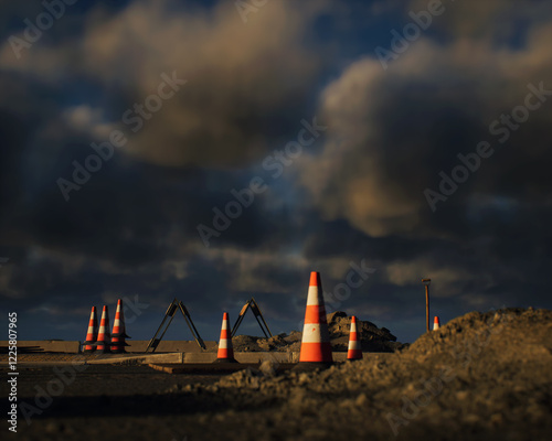 Roadside construction area during sunset with a cloudy sky. 3D render.