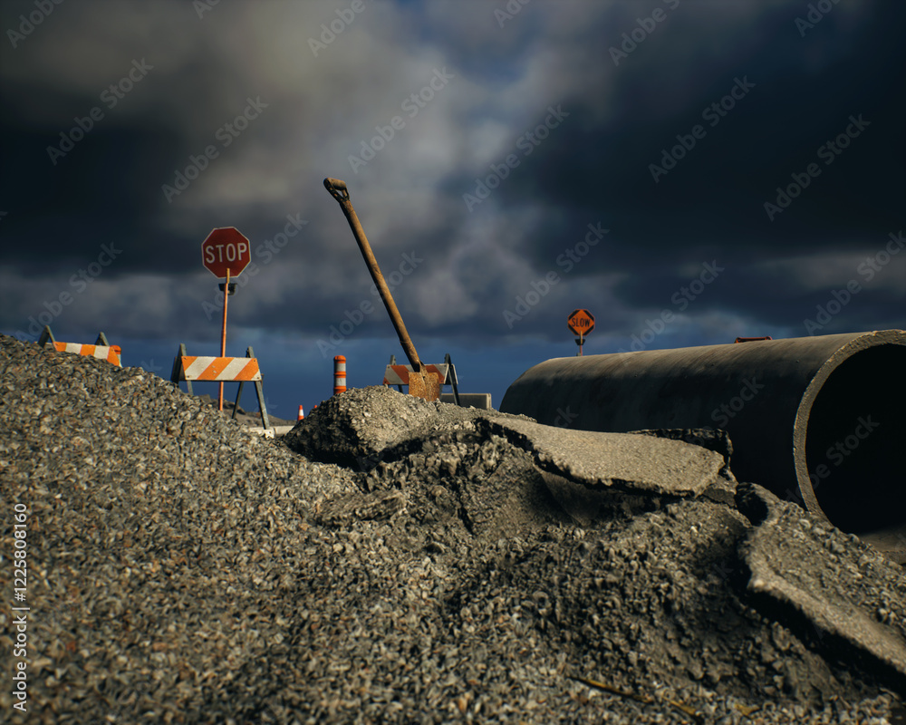 Roadside construction area under a dark cloudy sky. 3D render.