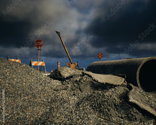 Roadside construction area under a dark cloudy sky. 3D render.